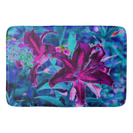 Alfombrilla De Baño Abstracto púrpura y rosa caliente Flores de lirio 