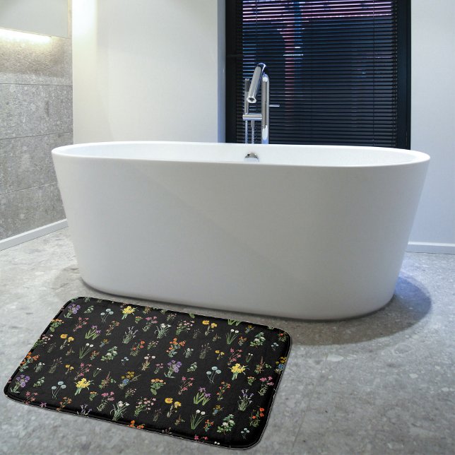Alfombrilla De Baño Acuarela de Flor silvestre Flora Botánica Negra (Wildflower Watercolor Black Botanical Floral Bath Mat)