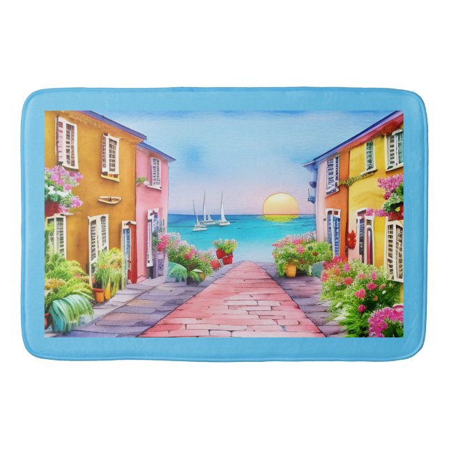 Alfombrilla De Baño Acuarela de Sunset Village Seaside (Anverso)