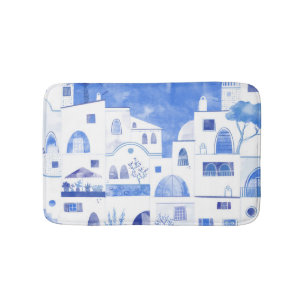 Alfombrilla De Baño Acuarela moderna Santorini Isla Griega