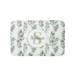 Alfombrilla De Baño Acuarela Monograma Nombre Patrón Ramas de Olivo