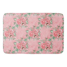 Alfombrilla De Baño Acuarela shabby chic rosas rosadas y lunares