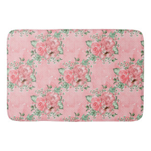 Alfombrilla De Baño Acuarela shabby chic rosas rosadas y lunares