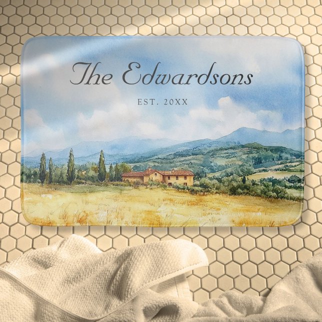 Alfombrilla De Baño Acuarela Toscana (Watercolor Tuscan Mediterranean Family Name Bath Mat)