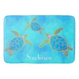 Alfombrilla De Baño Acuarela Tropical Tortuga de mar costero Aqua Blue