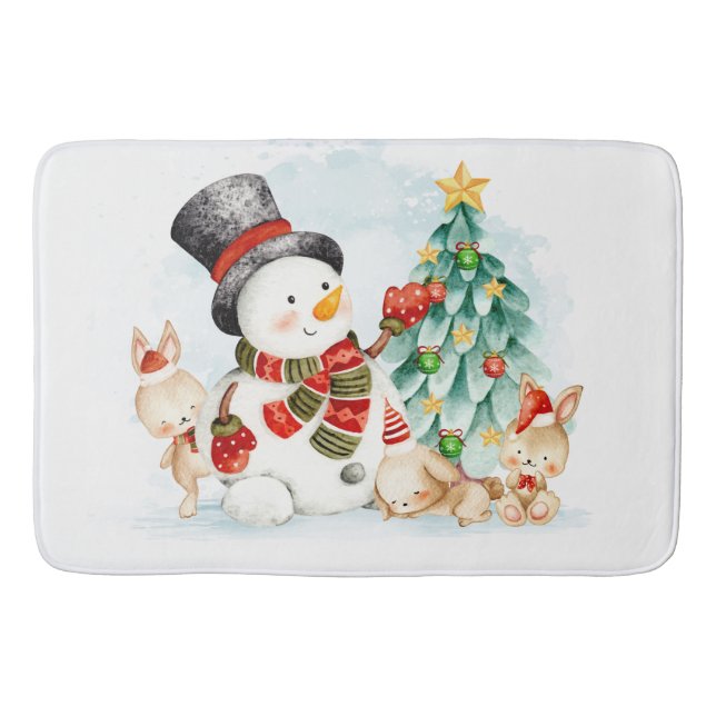 Alfombrilla De Baño Adorables Navidades Snowman Bunnies And Tree (Anverso)