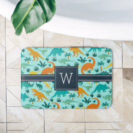 Alfombrilla De Baño Aguamarina | Monograma de patrón de dinosaurio cut
