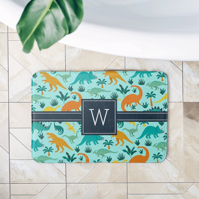 Alfombrilla De Baño Aguamarina | Monograma de patrón de dinosaurio cut (Subido por el creador)