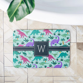 Alfombrilla De Baño Aguamarina | Monograma de patrón de dinosaurio cut