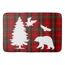 Alfombrilla De Baño Águila del oso pino sobre el tartán negro rojo