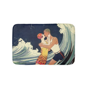Alfombrilla De Baño Amantes del arte deco vintage se besan en las olas
