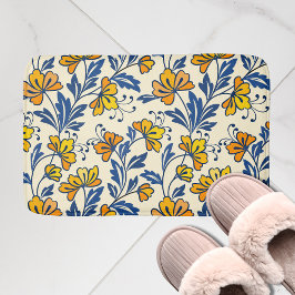 Alfombrilla De Baño Amarillo Naranja Floral Folclórico Azul Hoja Vinta