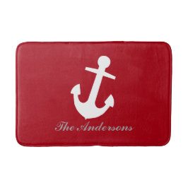Alfombrilla De Baño Ancla Blanca Náutica sobre Rojo, Personalizada