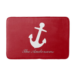 Alfombrilla De Baño Ancla Blanca Náutica sobre Rojo, Personalizada