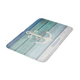 Alfombrilla De Baño Ancla de madera desgastada azul náutico turquesa