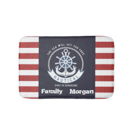 Alfombrilla De Baño Ancla náutica,Rueda, Azul marino,Bandas rojas