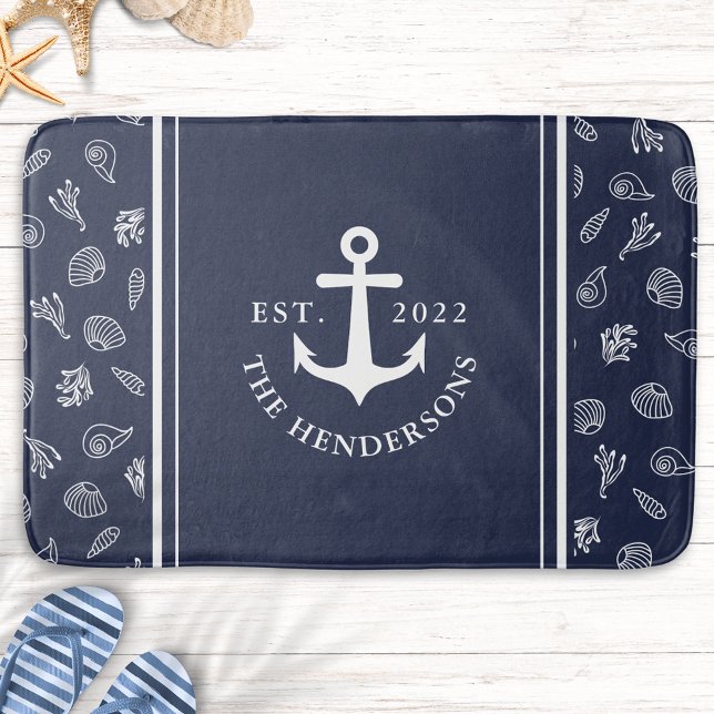 Alfombrilla De Baño Anclaje azul de la Marina Blanca Náutica Personali (Personalized Nautical Navy Blue Bath Mat with a White Anchor )
