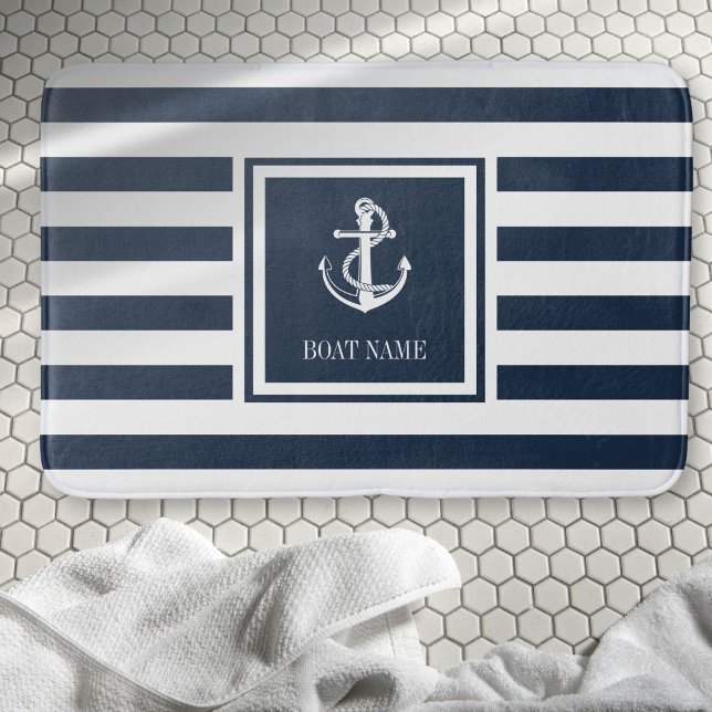 Alfombrilla De Baño Anclaje Náutico de la franja azul de la marina (Navy Blue Stripe Boat Name Nautical Anchor Bath Mat)