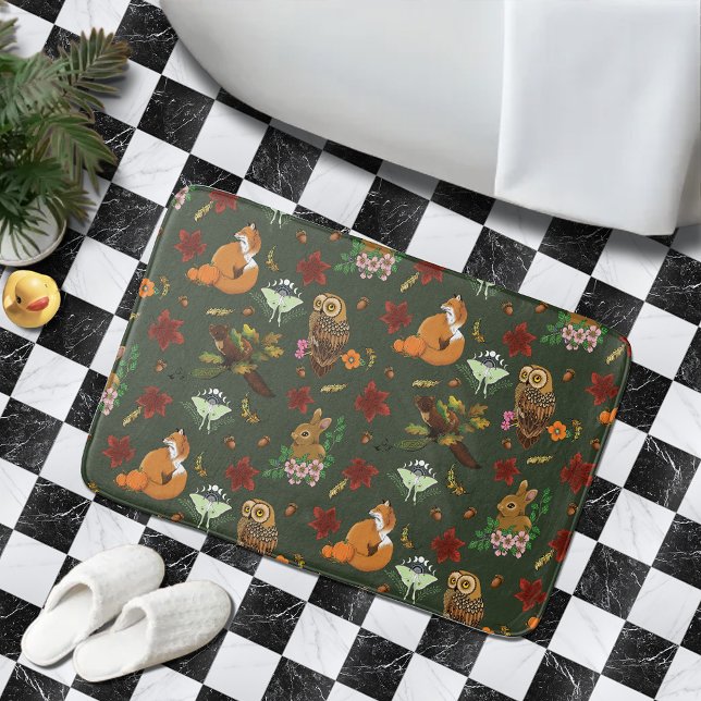 Alfombrilla De Baño Animales del bosque otoñal patrón verde (Subido por el creador)