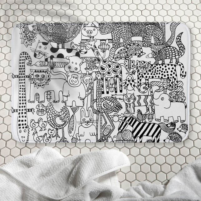 Alfombrilla De Baño Animales salvajes dibujan arte blanco y negro (Subido por el creador)