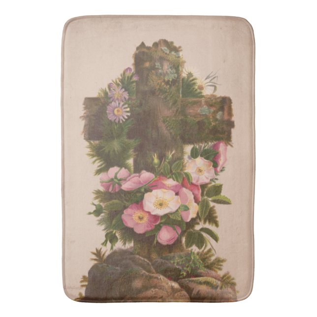 Alfombrilla De Baño Antique Rustic Cross, Wild Roses, Easter Card, (Frente vertical)