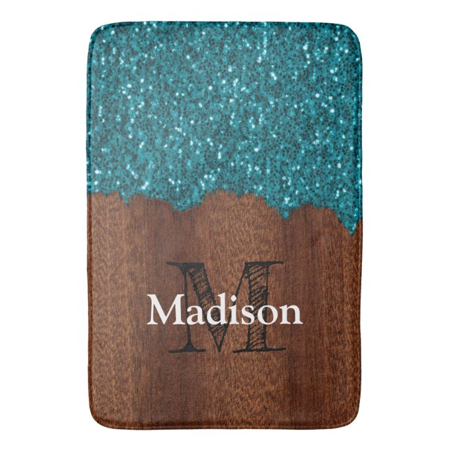 Alfombrilla De Baño Aqua azul brillante madera marrón rústica Monogram (Frente vertical)