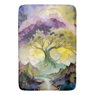 Alfombrilla De Baño Árbol de fantasía abstracto púrpura verde amarillo