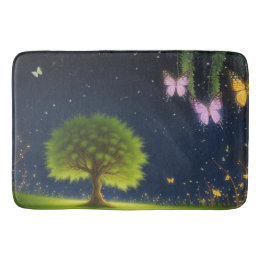 Alfombrilla De Baño Árbol silvestre nocturno con mariposas y luciérnag