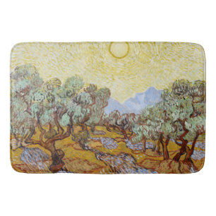 Alfombrilla De Baño Árboles olivos con cielo y sol amarillos