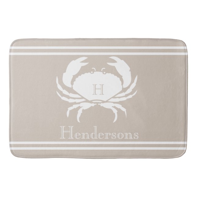 Alfombrilla De Baño Arena náutica Tan Taupe Blanco Cangrejo Monograma  (Anverso)
