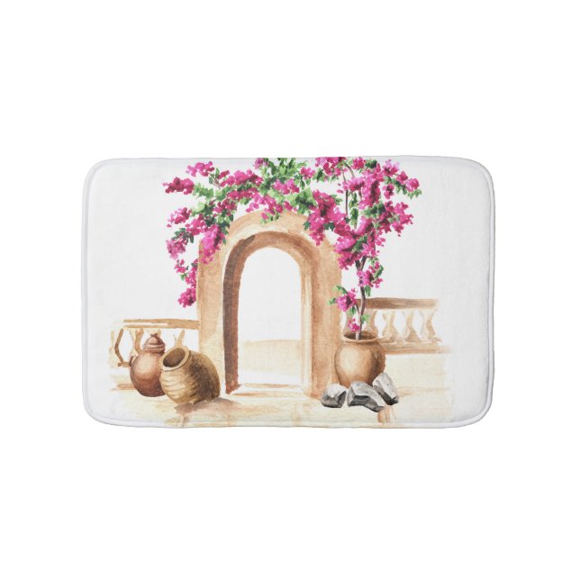 Alfombrilla De Baño arquitectura mediterránea, flores, acuarela, h (Anverso)