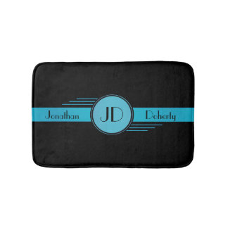 Alfombrilla De Baño Art déco azul y negro del monograma