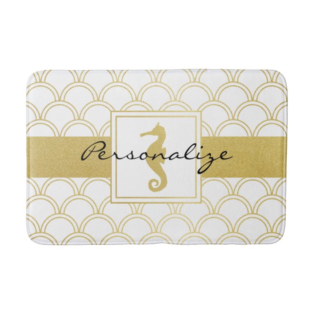 Alfombrilla De Baño Art Deco Ocean Wave Gold Seahorse Beach House (Anverso)