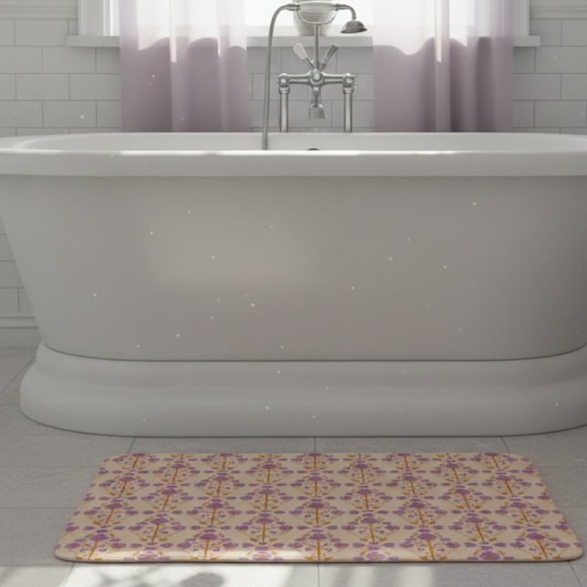 Alfombrilla De Baño Art Nouveau Floral Pastel Purple Crema (A bathroom glow-up that starts with the floor. Soft pastel colors & hand drawn pattern.)