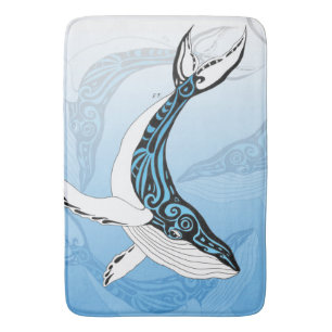 Alfombrilla De Baño Arte azul tribal de la ballena jorobada