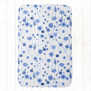 Alfombrilla De Baño Arte botánico azul blanco de flor silvestre