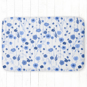 Alfombrilla De Baño Arte botánico azul y blanco de flores silvestres