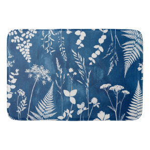 Alfombrilla De Baño Arte botánico de helecho con cianotipia azul añil 