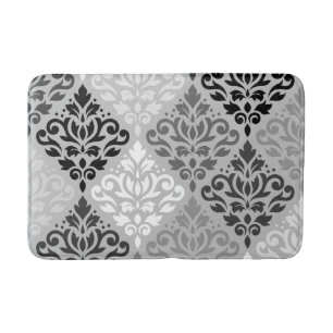 Alfombrilla De Baño Arte BW de Ptn del damasco de la voluta y grises