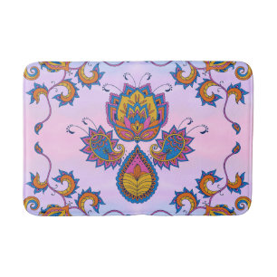 Alfombrilla De Baño Arte floral azul y morado en Mehndi Blue Bliss
