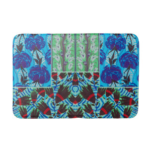 Alfombrilla De Baño Arte floral azul y verde maximalista vibrante