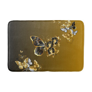 Alfombrilla De Baño Arte Floral de Mariposa Dorada y Negra