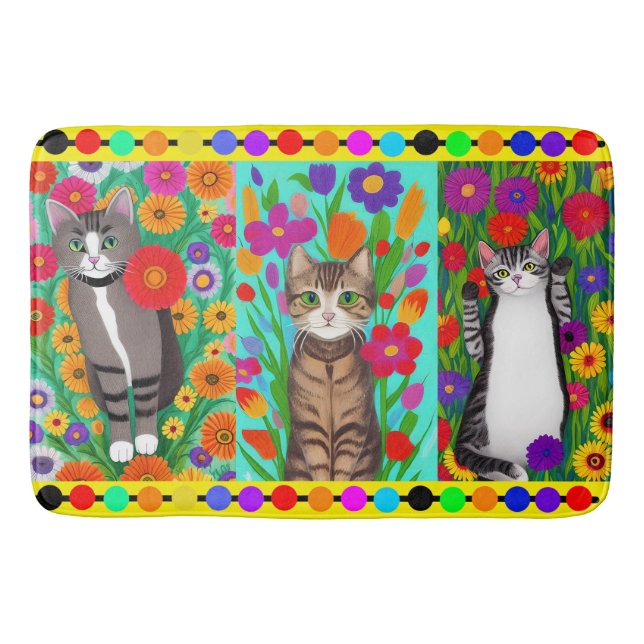 Alfombrilla De Baño Arte Popular Estilo Whimsical Gato y Flores (Anverso)