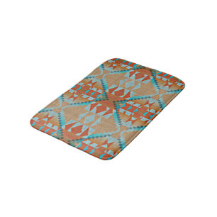 Alfombrilla De Baño Arte Tribal Naranja Marrón Aqua Turquesa Azul