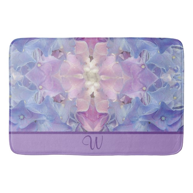 Alfombrilla De Baño Artsy Floral Azul Rosa Hidrangea Monograma Mat (Anverso)