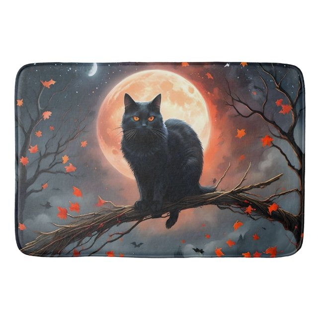 Alfombrilla De Baño Aterrador Halloween Black Cat Moonlight, (Anverso)