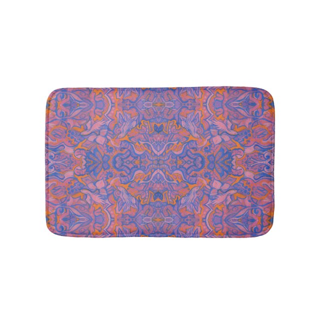 Alfombrilla De Baño Aves Arabesque Oriental Bohemian Naranja Azul (Anverso)