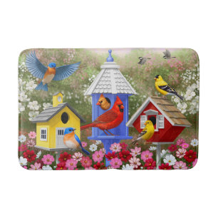 Alfombrilla De Baño Aves y casas de labranza coloridas