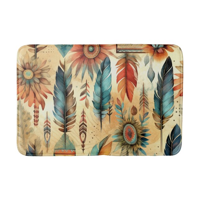 Alfombrilla De Baño Aztec Boho Tribal Blue Fethers (Anverso)