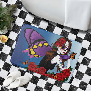 Alfombrilla De Baño Azúcar Morada Calavera Hada Rosas Rojas Monarcas G